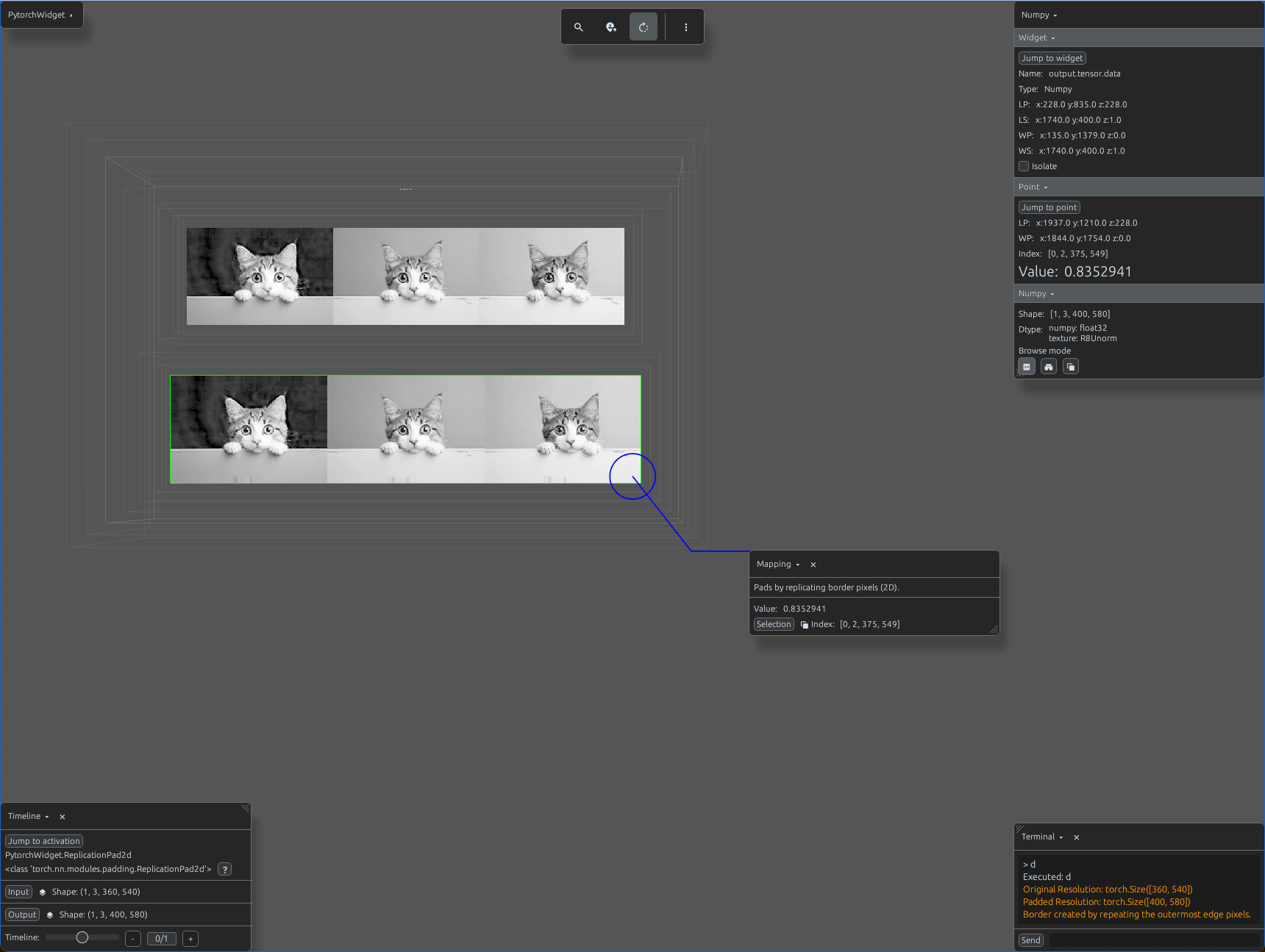 ReplicationPad2d border repetition visualization